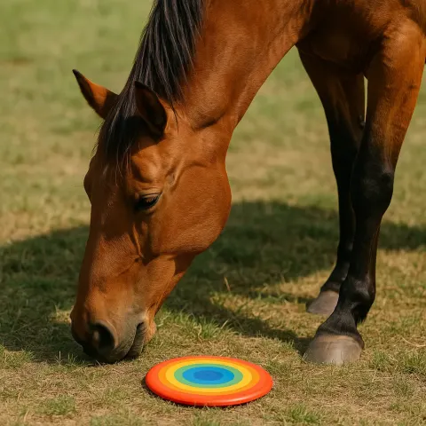 Vividly Colored Frisbee Lying on the Ground under a Horse