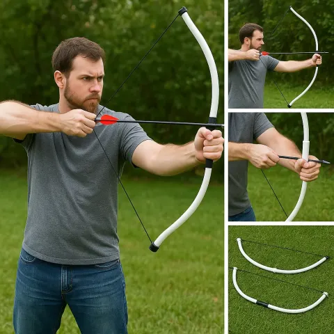 Man Outdoors Demonstrating the Use of PVC Pipe Bows