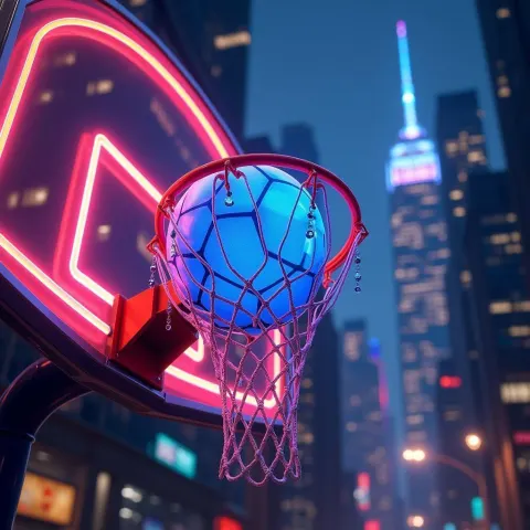 Neon Basketball Hoop With a Stuck Ball