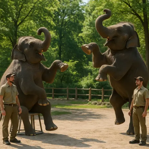 Two Elephants Perform Tricks Outdoors with Trainers Nearby