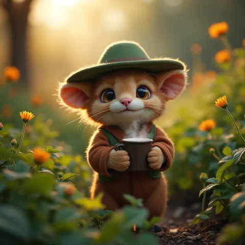 Cozy Creature Sipping a Mug in the Garden