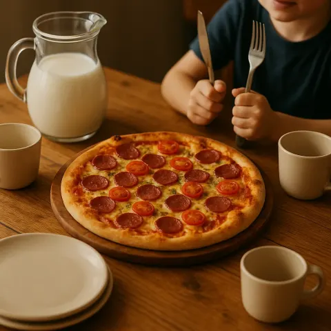 Homemade Pizza Rests on a Wooden Table