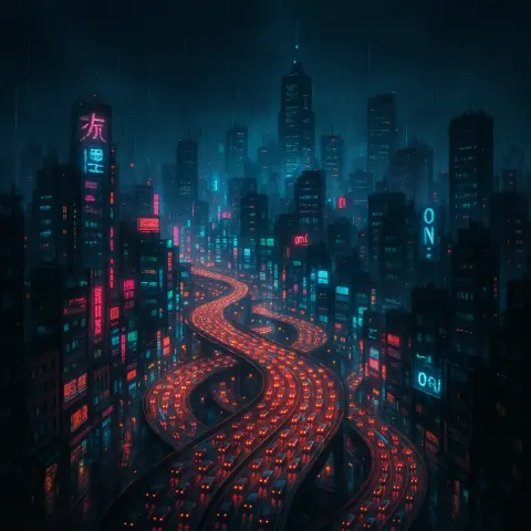 Countless Streams of Tiny Vehicle Lights Flow Like Rivers