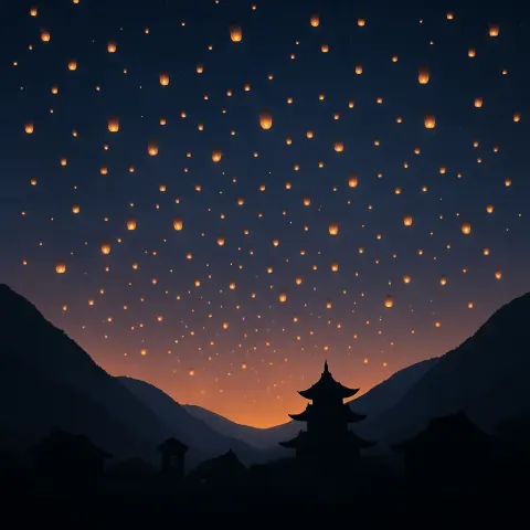Myriad Tiny Lanterns Float Upwards into a Twilight Sky