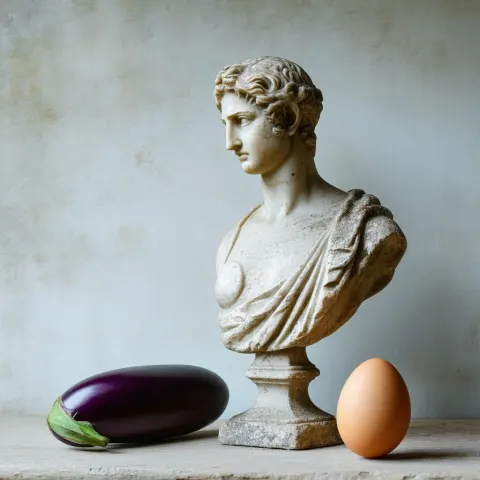 Stone Bust With Egg and Eggplant