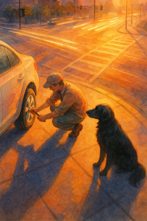 Caregiver in Soft Watercolor Hues Tends to a Car Wheel