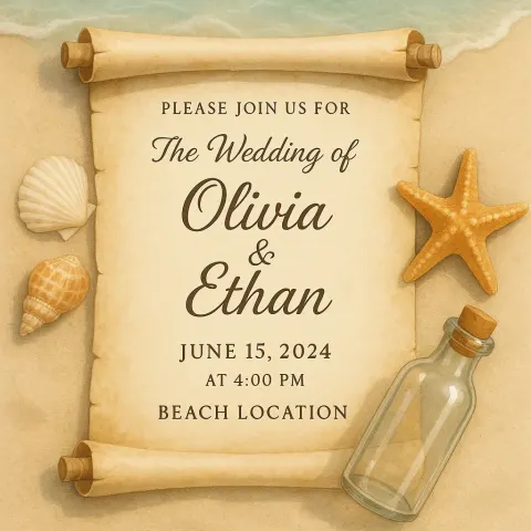 Wedding Invitation Designed with a Beach Theme Featuring a Scroll