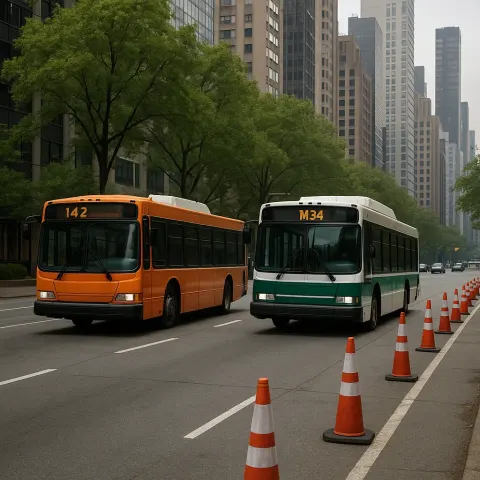 Street Scene Featuring Two City Buses