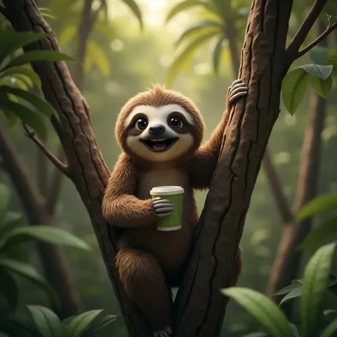 Happy Sloth Sipping Coffee in the Canopy