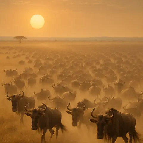 Vast Migration of Wildebeest Stretches Across an Endless Savanna Plain