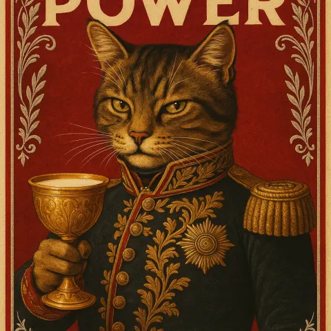 Arresting Propaganda Poster Showcasing a Cat with a Shrewd Expression