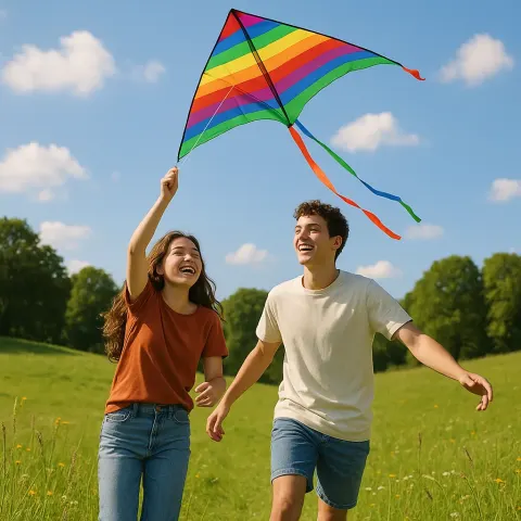 Two Companions Set a Lively Kite Soaring into the Sky