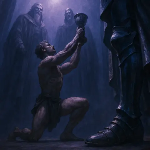 Loinclothed Champion Proffers a Goblet Upwards to Towering Robed Rulers