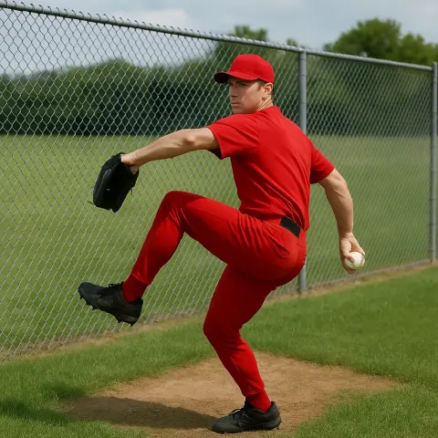 Baseball Player in a Red Uniform Practices