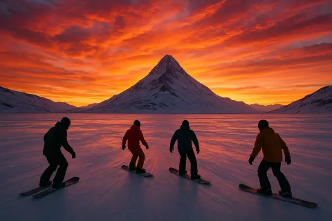 Team of Snowboarders Cruising Across an Expansive Icy Landscape