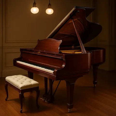 Majestic Grand Piano Made of Lustrous Mahogany Stands Prominently