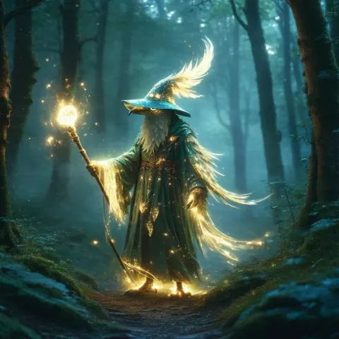 Glowing Bird Wizard in Swirling Light