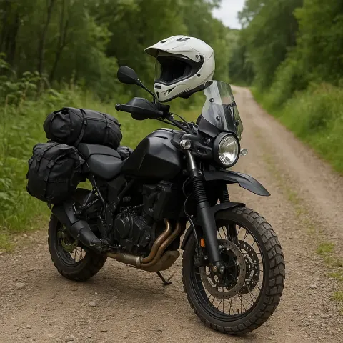 Black Adventure Motorcycle Equipped with Gear Bags and a Helmet