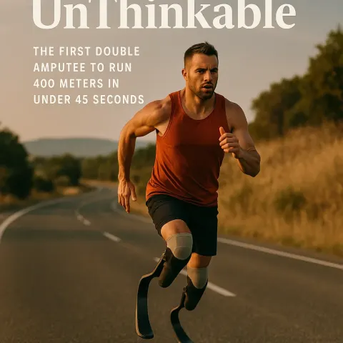 Double Amputee Athlete Running with Prosthetic Legs on a Road