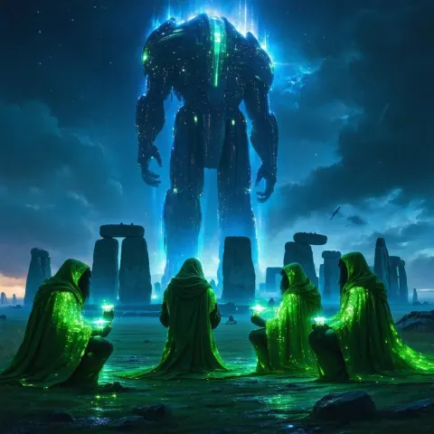 Druids Kneeling to an Alien at Stonehenge
