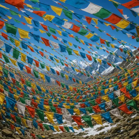 Countless Prayer Flags Flutter in the Wind Across a Remote