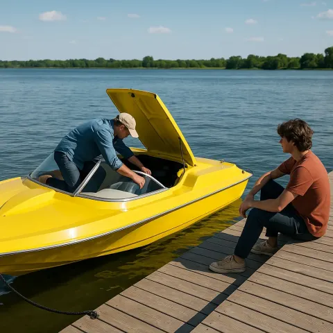 Person Works on a Bright Yellow Speedboat Docked