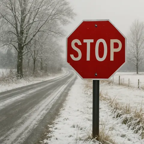 Red Stop Sign Stands Beside a Snow-dusted Rural Road