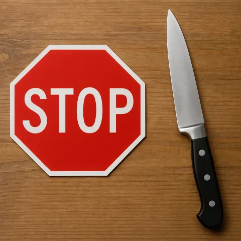 Stainless Steel Kitchen Knife Placed Next to a Red Stop