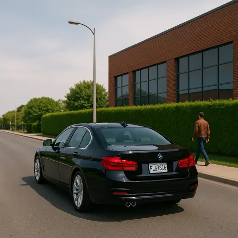 Sleek Black Car with a Clearly Visible License Plate Glides