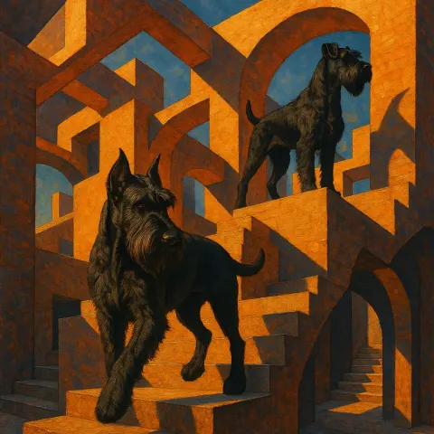 Two Varied Giant Schnauzers Navigate a Bold