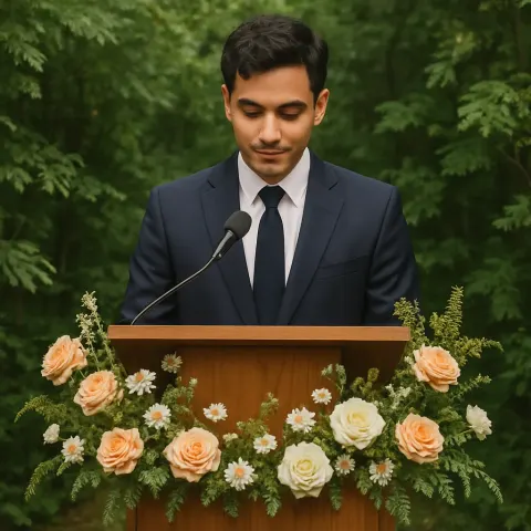 Person Stands at a Wooden Podium Adorned with Floral Arrangements