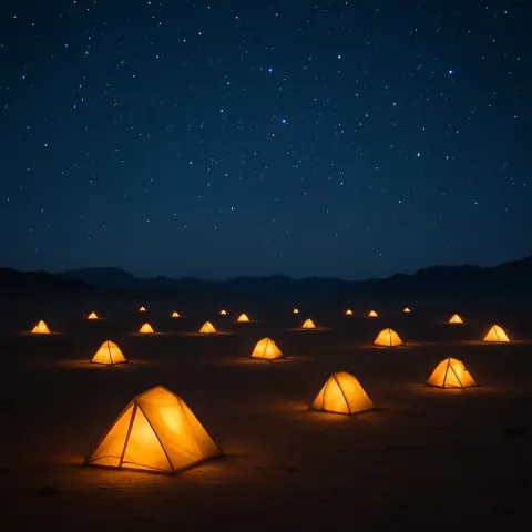 Many Distant Glowing Tents Form a Scattered Encampment