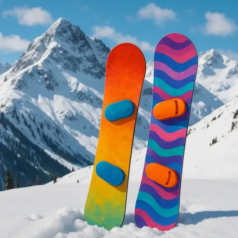 Snowy Mountain Scene with Two Vibrant Snowboards Resting Upright