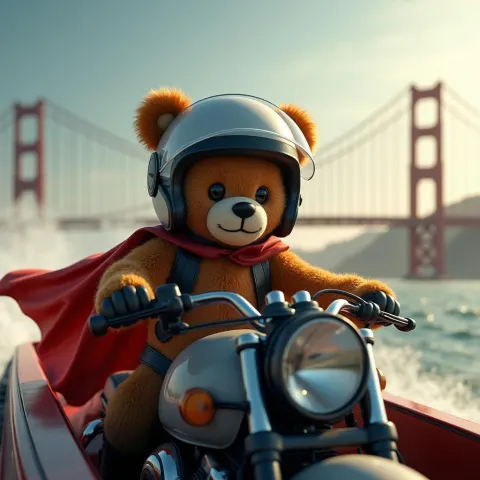 Caped Teddy Bear Speeding Past Golden Gate