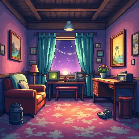 Seventies Vintage Room in Blocky Pixels