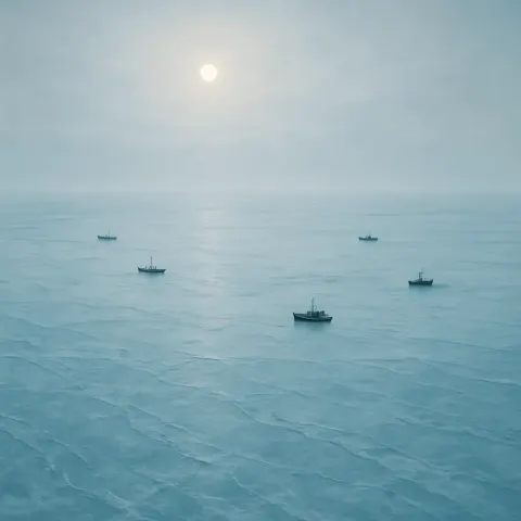 Several Tiny Fishing Boats Are Barely Visible Against the Immense