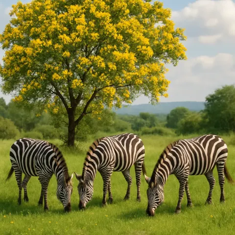 Three Zebras Peacefully Feed on the Grass