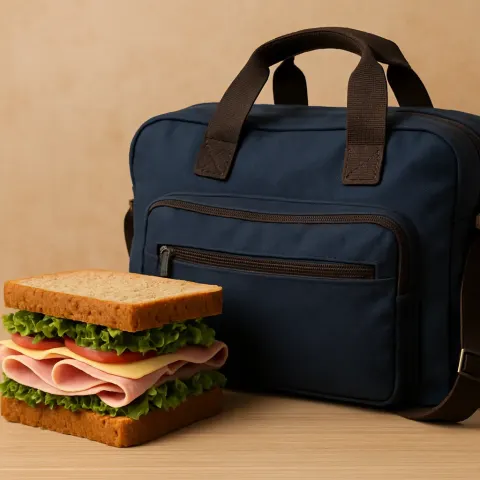 Travel Bag Positioned to the Right of a Sandwich