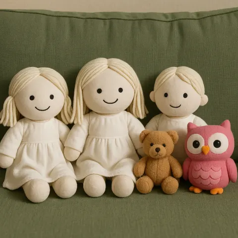 Stuffed Toys Including Three White Dolls on a Green Couch