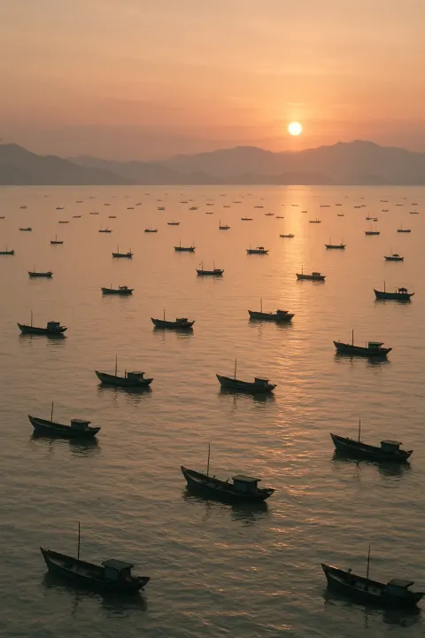 Numerous Tiny Fishing Boats Are Scattered Across an Immense