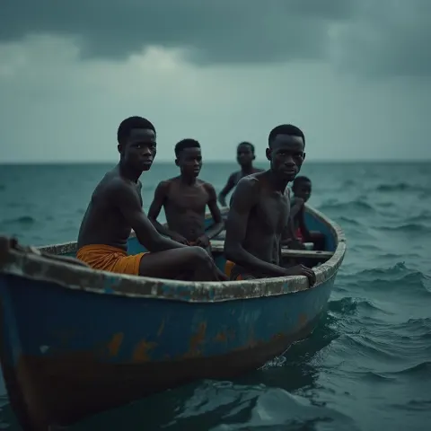 Determined Youth Crossing Stormy Seas by Boat