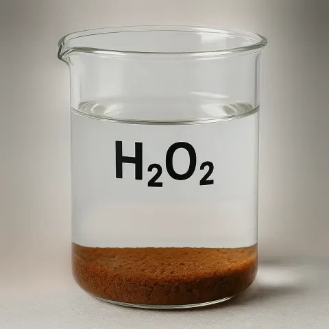 Transparent Beaker Labeled "H2O2" Contains a Settled Brown Solid