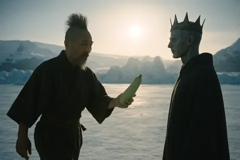 Mohawked Sage in Feudal Japanese Attire Strides Purposefully
