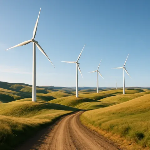 Peaceful Dirt Road Passing near a Cluster of Wind Turbines