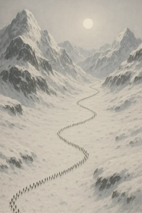Vast Procession of Minuscule Figures Slowly Traverses a Colossal