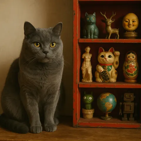 Gray Cat Sits on a Wooden Surface Beside a Cluttered