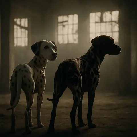 Two Dalmatians Are Dramatically Silhouetted by a Strong Backlight