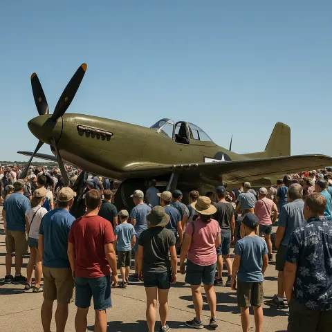Crowd Gathers Around a Vintage Military Aircraft on an Outdoor