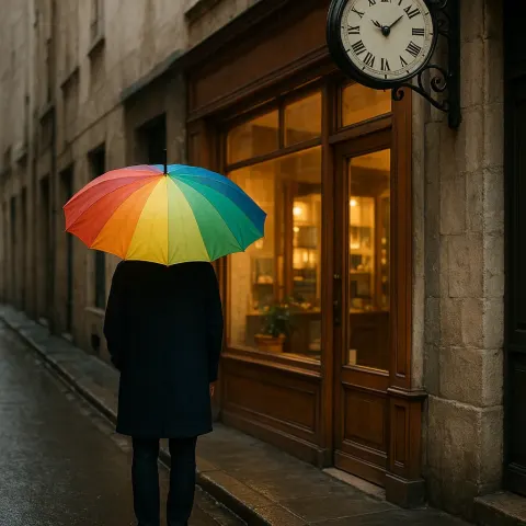 Person Holding a Colorful Umbrella Stands