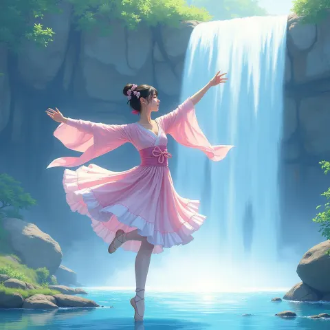 Ballet Dancer in Kimono by the Waterfall